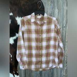SO brand size XS tan and pink plaid button up shirt NWOT oversized fit